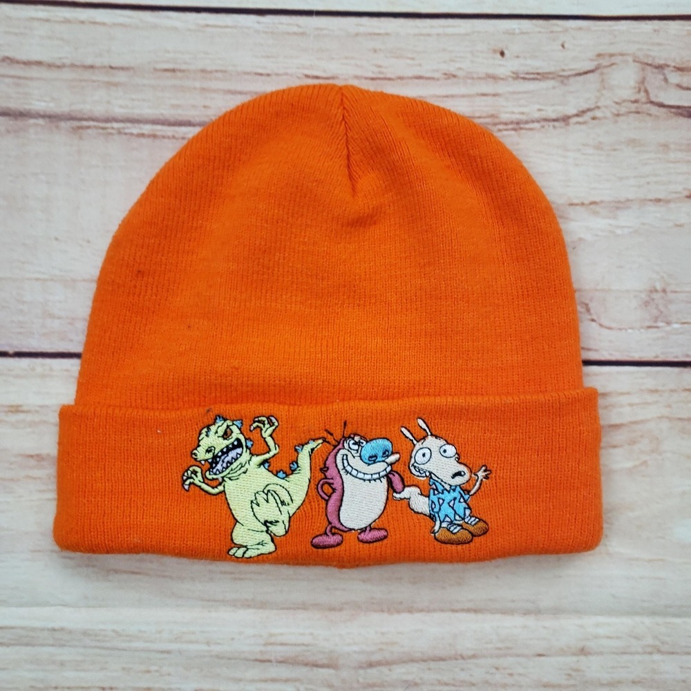 Nickelodeon Hat Beanie Knit Orange Reptar Stimpy Rocko One Size Acrylic Mens 90s